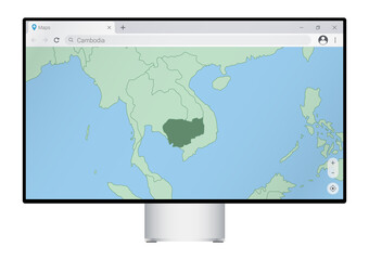 Computer monitor with map of Cambodia in browser, search for the country of Cambodia on the web mapping program.
