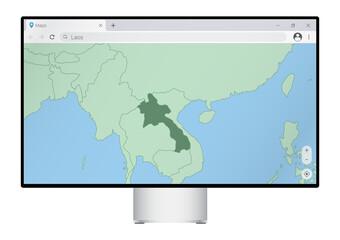 Computer monitor with map of Laos in browser, search for the country of Laos on the web mapping program.
