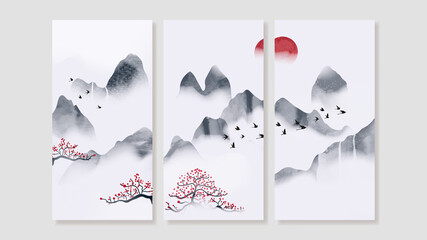 Mountain Canvas Art Print.  Triptych wall art vector. China Poster, Watercolor Landscape, Floating Mountains with golden line art design for  Home Decor, Office Art and wallpaper. - obrazy, fototapety, plakaty