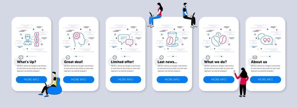 Business icons set. UI phone app screens with teamwork. Included icon as Coffee beans, Coffee cup, Employees messenger signs. Engineering, Opinion, Quote bubble line icons. Vector