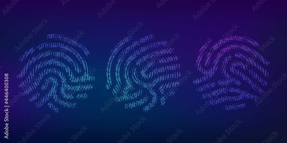 Poster Set of binary code fingerprint. Biometric id. Digital key for software identification. Fingerprint scanner in futuristic technology system. Vector