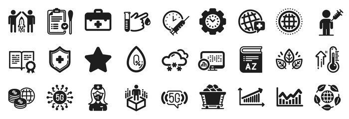 Set of Science icons, such as 5g wifi, Eco organic, High thermometer icons. 5g technology, Nasal test, Vaccination schedule signs. Blood donation, Vocabulary, Medical shield. Globe, Star. Vector