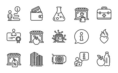 Business icons set. Included icon as Market, Chemistry lab, Market sale signs. Heart flame, Debit card, Healthy food symbols. Skyscraper buildings, First aid, Gpu. Certificate line icons. Vector