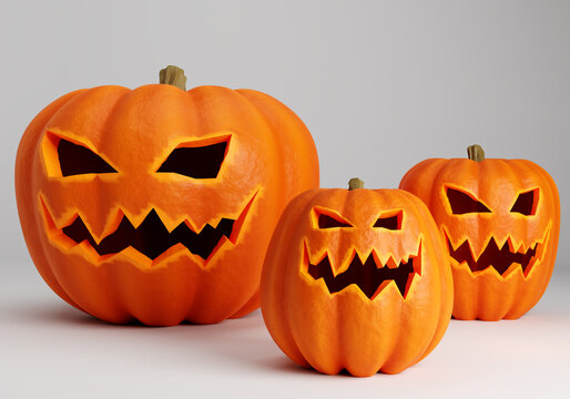 Three Halloween pumpkins. Symbolism of Halloween. Halloween celebration. Scary pumpkin faces. Jack pumpkin lanterns. Jack lamps on the eve of All Saints Day. Autumn holidays. 3d images