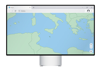 Computer monitor with map of Malta in browser, search for the country of Malta on the web mapping program.
