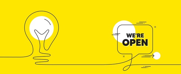 We are open text. Continuous line idea chat bubble banner. Promotion new business sign. Welcome advertising symbol. Open chat message lightbulb. Idea light bulb yellow background. Vector