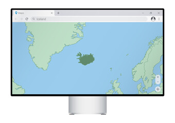 Computer monitor with map of Iceland in browser, search for the country of Iceland on the web mapping program.