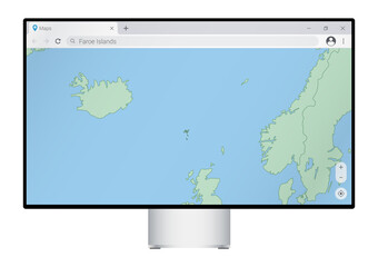 Computer monitor with map of Faroe Islands in browser, search for the country of Faroe Islands on the web mapping program.