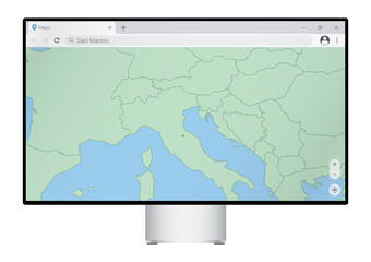 Computer monitor with map of San Marino in browser, search for the country of San Marino on the web mapping program.