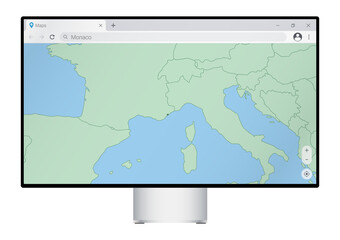 Computer monitor with map of Monaco in browser, search for the country of Monaco on the web mapping program.