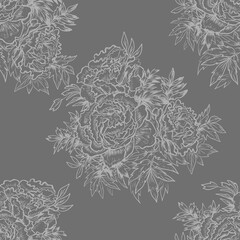 Peonies flowers graphics engraving hand drawn illustration vector print textile vintage patern seamless vegetation nature