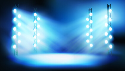 Stadium stage illuminated by floodlights during the show. Spotlights on blue background. Place for the exhibition. Vector illustration. - 446401533