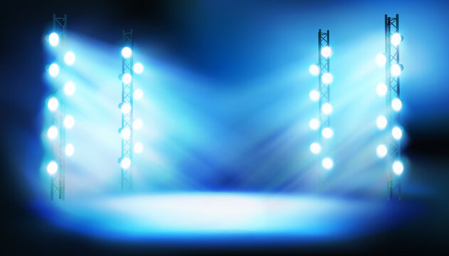 Stadium stage illuminated by floodlights during the show. Spotlights on blue background. Place for the exhibition. Vector illustration.