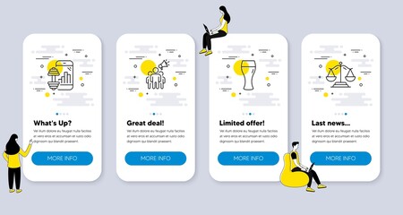 Set of Business icons, such as Beer glass, Fitness app, Brand ambassador icons. UI phone app screens with people. Justice scales line symbols. Brewery beverage, Training program, Megaphone. Vector - obrazy, fototapety, plakaty