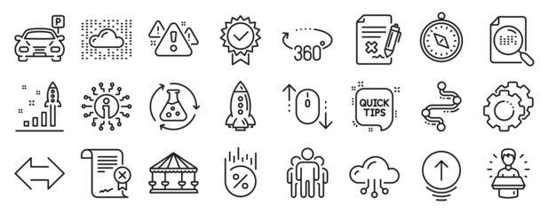Set of Technology icons, such as Settings gears, Reject file, Group icons. Reject certificate, Timeline, Development plan signs. Warning, Certificate, Sync. Quick tips, Travel compass. Vector