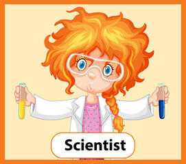 Educational English word card of scientist girl with messy hair