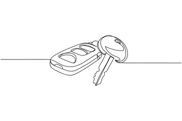 Continuous one line of car keys in silhouette on a white background. Linear stylized.Minimalist.