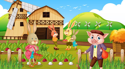 Obraz na płótnie Canvas Farm at daytime scene with rabbit family and a pig cartoon character