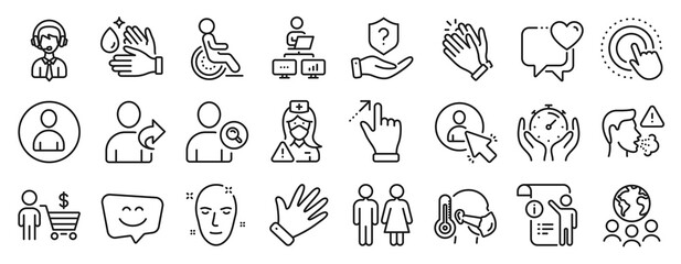 Set of People icons, such as Shipping support, Sick man, Global business icons. Manual doc, Refer friend, Work home signs. Nurse, Buyer, Avatar. Disability, Wash hands, Smile face. Hand. Vector
