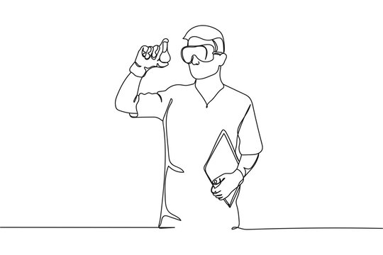 Continuous one line of chemist in laboratory in silhouette on a white background. Linear stylized.Minimalist.