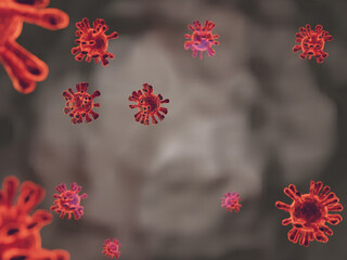 Red Corona virus mutation under microscope , COVID 19 pandemic since 2019 to every country .The virus strong mutate for expand epidemic and difficult to treatment,3d render technique