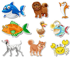 Set of stickers with sea animals and dogs cartoon character