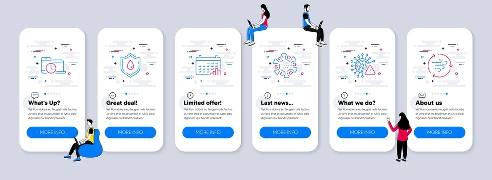Science icons set. UI phone app screens with teamwork. Included icon as Coronavirus, Covid virus, Blood donation signs. Time management, Calendar graph, Wind energy line icons. Vector