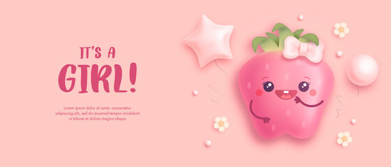 Baby shower horizontal banner with cartoon strawberry, helium balloons and flowers on pink background. It's a girl. Vector illustration