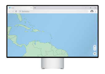 Computer monitor with map of Barbados in browser, search for the country of Barbados on the web mapping program.