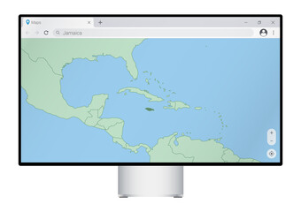 Computer monitor with map of Jamaica in browser, search for the country of Jamaica on the web mapping program.