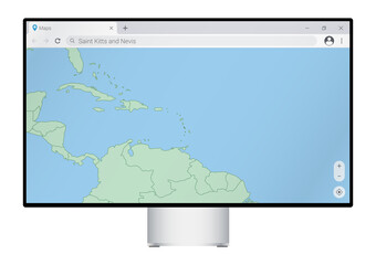 Computer monitor with map of Saint Kitts and Nevis in browser, search for the country of Saint Kitts and Nevis on the web mapping program.