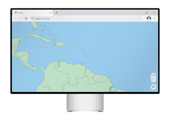 Computer monitor with map of Saint Lucia in browser, search for the country of Saint Lucia on the web mapping program.