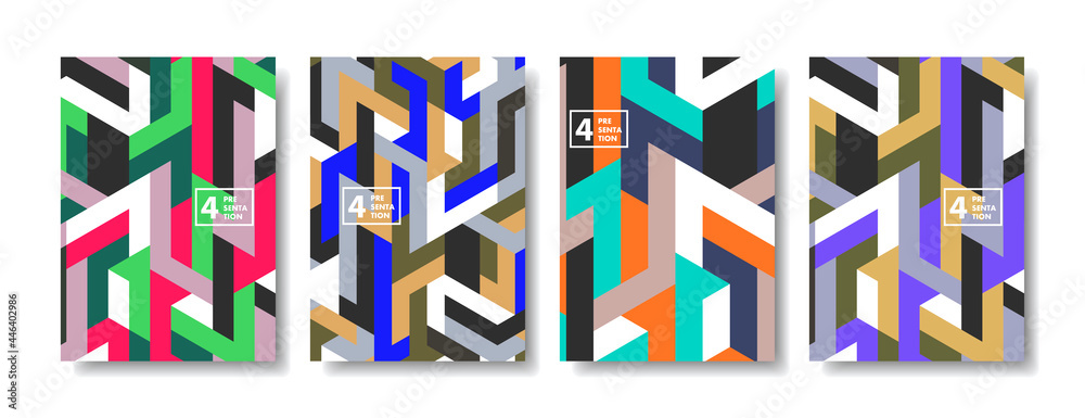Poster flat geometric covers design. color vector modern cover. simple shapes composition background. futur