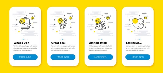 Vector set of Luggage, Positive feedback and Teamwork results line icons set. UI phone app screens with line icons. Hearts icon. Baggage locker, Award medal, Group work. Romantic relationships. Vector