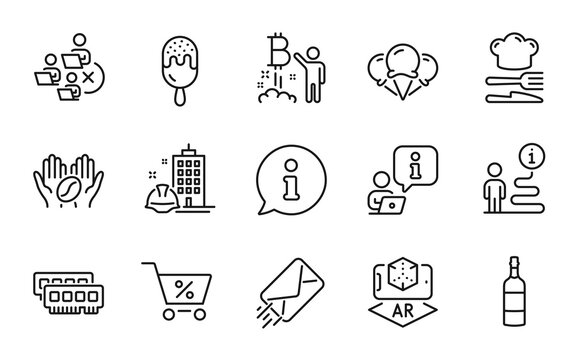 Business icons set. Included icon as Food, E-mail, Augmented reality signs. Construction building, Remove team, Ice creams symbols. Brandy bottle, Coffee, Ram. Special offer, Ice cream. Vector