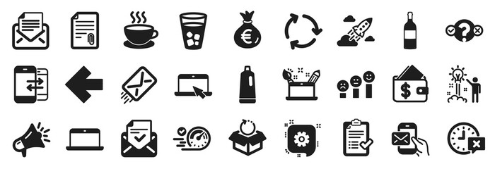 Set of simple icons, such as Megaphone, Speedometer, Attachment icons. Left arrow, Messenger mail, Approved checklist signs. Money bag, Ice tea, Mail correspondence. Startup rocket, E-mail. Vector