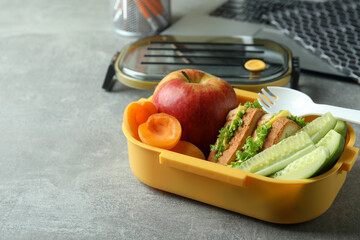 Study concept with lunch box on gray textured table