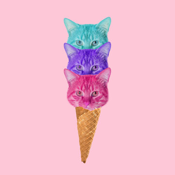 Contemporary art collage, modern design. Summertime mood. Icecream filled with cute kittens on light pink background.