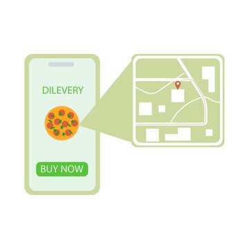 Icon for the delivery restaurant. A mobile phone with a pizza image on the screen and a map.