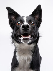 Portrait of a black-white border collie with big eyes. Dog in the studio on white