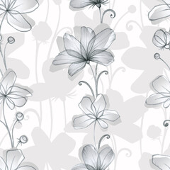 Beautiful elegant stylized flowers. Monohrome floral illustration. Seamless pattern. Hand drawing with simple pencil. Vertical composition.