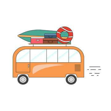 Travel bus. A yellow bus with a trunk containing a surfboard, a lifebuoy and suitcases. Flat image of recreation, traveling by bus