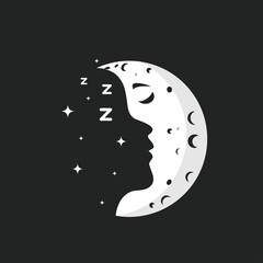 Kid face in a shape of the sleeping moon, negative space logo illustration vector
