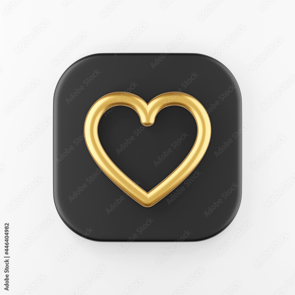 Poster gold heart contour line icon. 3d rendering black square key button, interface ui ux element.