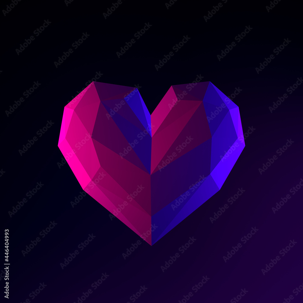 Poster low poly heart neon icon. 3d rendering ui ux interface element. dark glowing symbol.