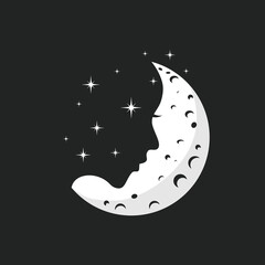 Woman face in a shape of the moon, negative space logo illustration vector