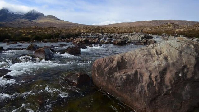 A view of water flowing downstream in the Sligachan River on Behance in Isle of Skye, Scotland in HD