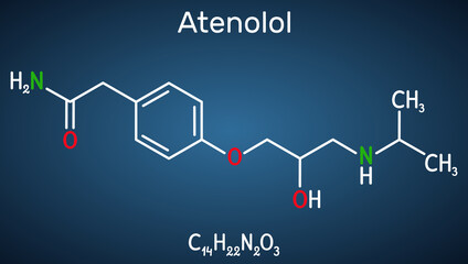 Atenolol cardioselective beta-blocker molecule. It is antihypertensive, hypotensive and antiarrhythmic drug. Structural chemical formula on the dark blue background
