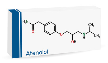 Obraz premium Atenolol cardioselective beta-blocker molecule. It is antihypertensive, hypotensive and antiarrhythmic drug. Skeletal chemical formula. Paper packaging for drugs