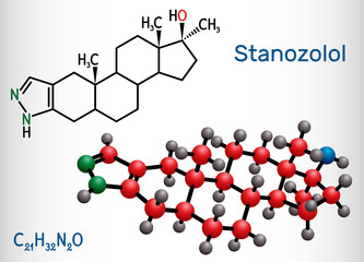 Stanozolol, Stz molecule. It is androgen, synthetic anabolic steroid, used in treating hereditary angioedema. Structural chemical formula and molecule model